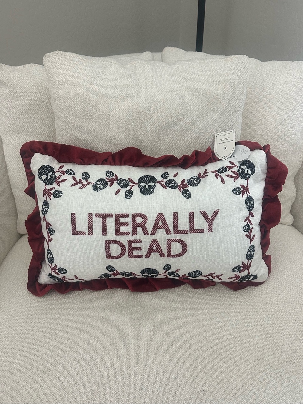 Literally Dead Skull Floral Ruffle Decorative Pillow 12x20 Gothic Halloween - Picture 2 of 6